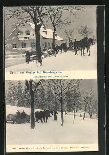 AK Gerlas b. Geroldsgrün, Winterlandschaft, Einwohner mit Pferdegespann