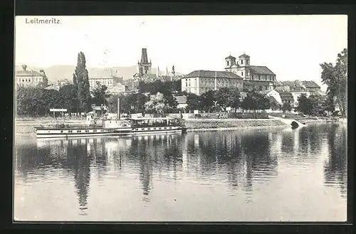 AK Leitmeritz / Litomerice, Ortspartie an der Elbe mit Dampfer Kaiser Wilhelm