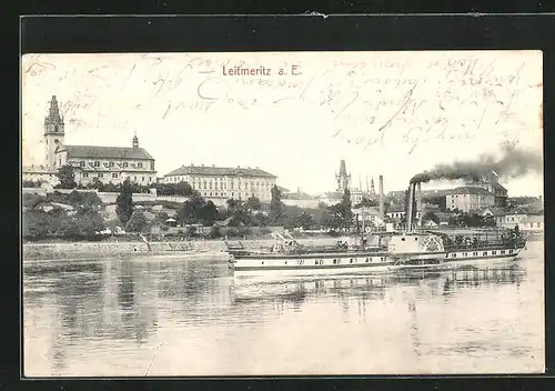 AK Leitmeritz / Litomerice, Teilansicht mit Dampfer Stadt Wehlen