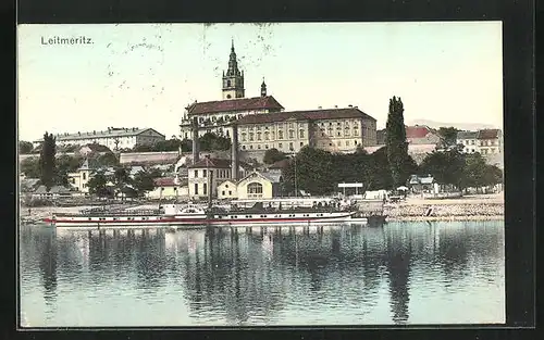 AK Leitmeritz / Litomerice, Ortspartie an der Elbe mit Dampfer Kaiser Wilhelm