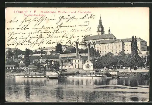 AK Leitmeritz / Litomerice, Bischöfliche Residenz und Domkirche, Dampfer Pillnitz