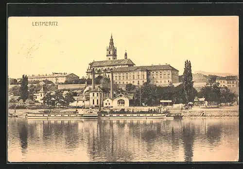 AK Leitmeritz / Litomerice, Ortspartie mit Domkirche, Dampfer Kaiser Wilhelm