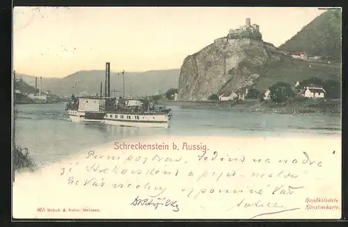 AK Schreckenstein b. Aussig, Ortspartie mit Burg, Dampfer