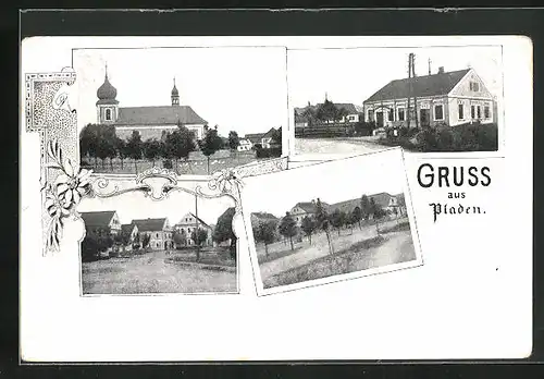 AK Pladen, Gasthaus, Kirche, Ortspartie
