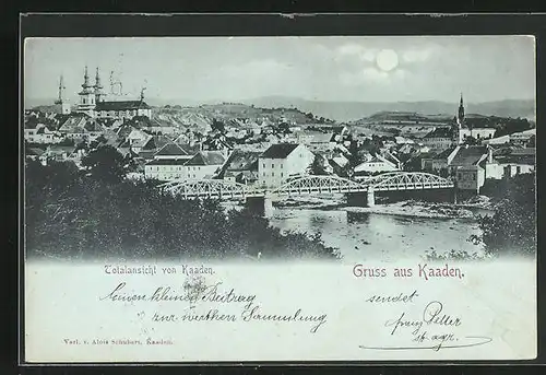 Mondschein-AK Kaaden / Kadan, Totalansicht der Stadt mit Brücke