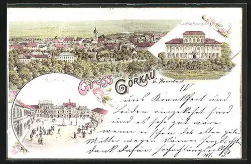 Lithographie Görkau, Marktplatz, Schloss Rothenhaus, Ortsansicht