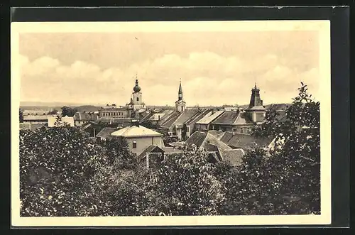 AK Trebechovice, Blick über die Dächer zur Kirche