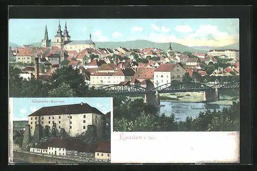 AK Kaaden / Kadan, Infanterie-Kaserne, Ortsansicht mit Brücke