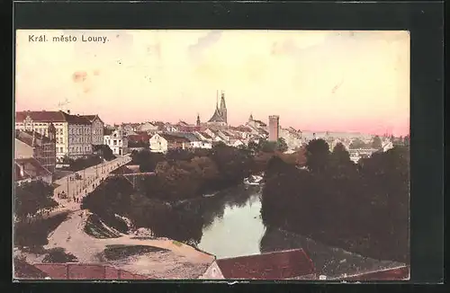 AK Laun / Louny, Gesamtansicht Ort und Fluss im Abendlicht