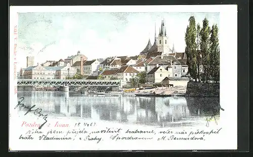 AK Laun / Louny, Brücke in die Stadt, Kirche