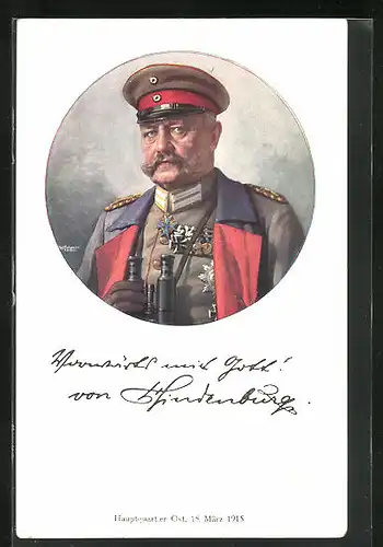 Künstler-AK Paul von Hindenburg in Uniform mit Feldstecher