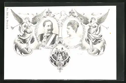 AK Kaiserin Auguste Victoria Königin von Preussen und Kaiser Wilhelm II., Engel mit Fanfaren