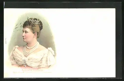 Lithographie Kaiserin Auguste Victoria Königin von Preussen mit Perlenschmuck
