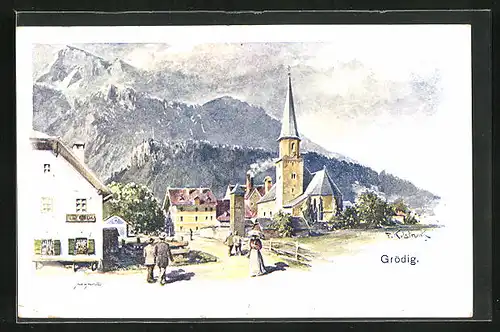 Künstler-AK Franz Kulstrunk: Grödig, Ortspartie mit Kirche