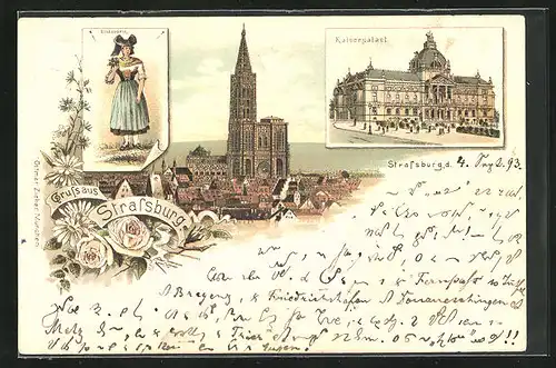 Vorläufer-Lithographie Strassburg, 1893, Kaiserpalast, Münster, Elsässerin