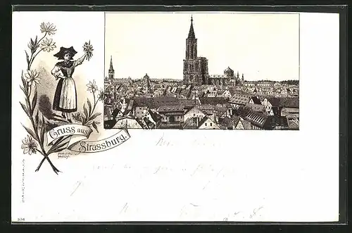 Vorläufer-Lithographie Strassburg, 1894, Totalansicht mit Münster