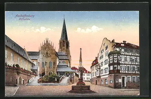 AK Aschaffenburg a. M., Stiftsplatz im Abendlicht