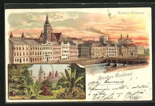 Lithographie Königgrätz / Hradec Kralove, Nabrezi Eliscino, Flusspartie zur Dämmerung