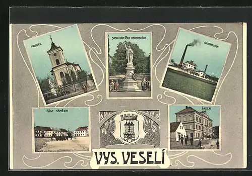 AK Vys. Veseli, Kostel, Cast Námesti, Skola, Cukrovar, Stadtwappen