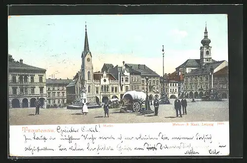 AK Trautenau / Trutnov, Markt mit Denkmal und Rathaus