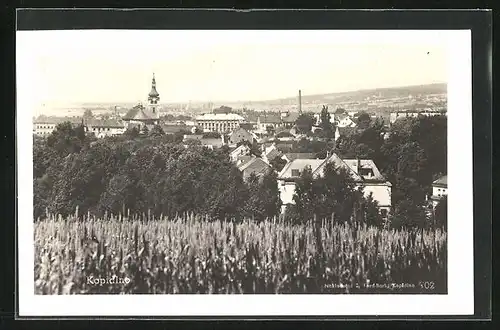 AK Kopidlno, Panorama der Stadt mit Kirchturm