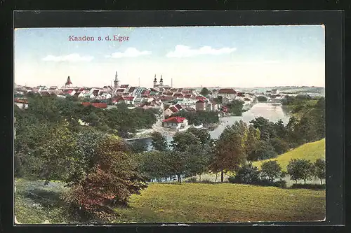 AK Kaaden /Eger, Fluss und Stadt vom Berg aus