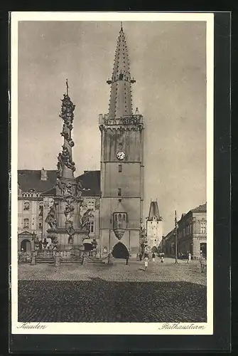 AK Kaaden / Kadan, Rathausturm mit Dreifaltigkeitssäule