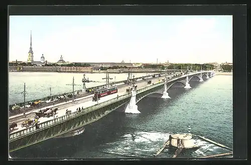AK St. Petersourg, Pont de Troitzky, Strassenbahn