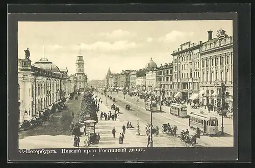 AK St. Petersbourg, Perspective de Newski et Gostinny Dwor, Strassenbahn