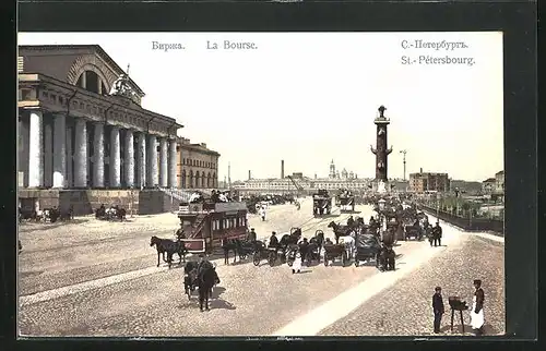 AK St. Petersbourg, La Bourse, Pferdebahn