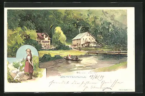 Lithographie Stempfermühle, Uferpartie mit Bücke und Boot, Gänsemädchen