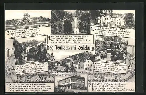 AK Bad Neuhaus, Gasthaus zur Salzburg, Marienquelle, Bahnhof Neustadt a. Saale
