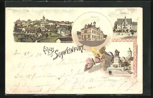 Lithographie Schweinfurt, Postamt, Rathaus, Rückert-Denkmal