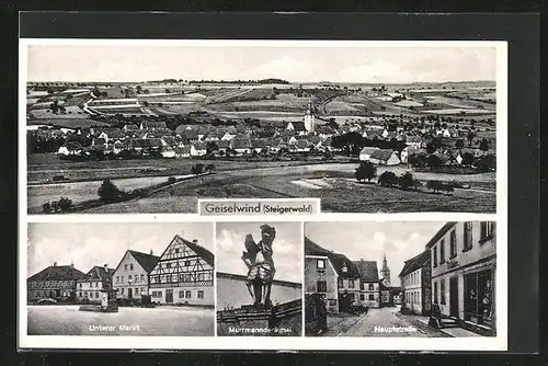 AK Geiselwind, Murrmanndenkmal, Unterer Markt, Hauptstrasse, Ortsansicht
