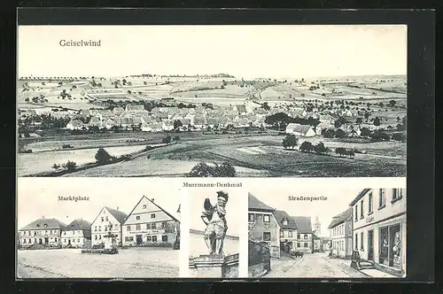 AK Geiselwind, Murrmanndenkmal, Marktplatz, Hauptstrasse, Ortsansicht