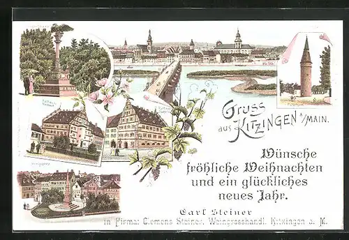Lithographie Kitzingen /Main, Rathaus, Königsplatz, Krieger-Denkmal, Falterturm