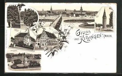 Lithographie Kitzingen /Main, Königsplatz, Rathaus und Krieger-Denkmal