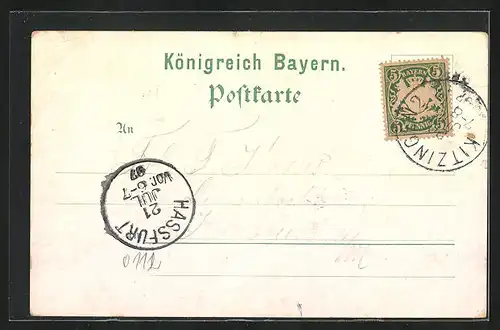Lithographie Kitzingen /Main, Königsplatz, Rathaus und Krieger-Denkmal