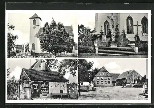 AK Öllingen /Ochsenfurt, Kolonialwaren Franz Linzmeier, Strassenpartie, Kirche