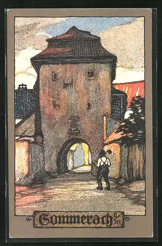 Steindruck-AK Sommerach a. M., Heimkehrender Bauer am Stadttor