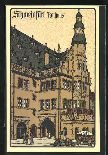 Steindruck-AK Schweinfurt a. M., Rathaus mit Markt