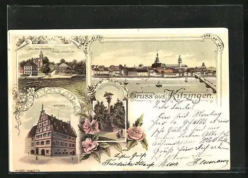 Lithographie Kitzingen, Rathaus, Kgl. Progymnasium und Trunks Collosseum, Kriegerdenkmal