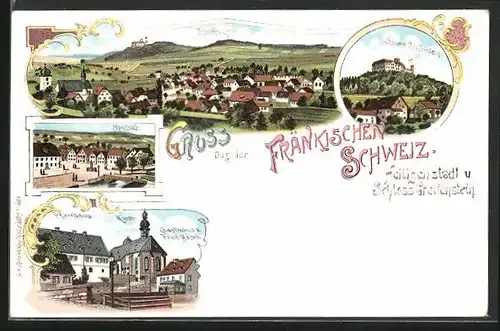 Lithographie Heiligenstadt /Fränk. Schweiz, Gasthaus von F. Hösch und Pfarrhaus, Schloss Greifenstein