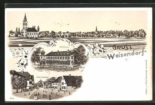 Lithographie Weisendorf, Orts-Strasse, Schloss, Ortsansicht