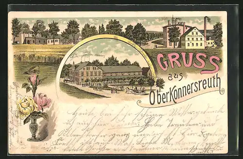 Lithographie Oberkonnersreuth, Gasthaus, Brauerei J. Friedel