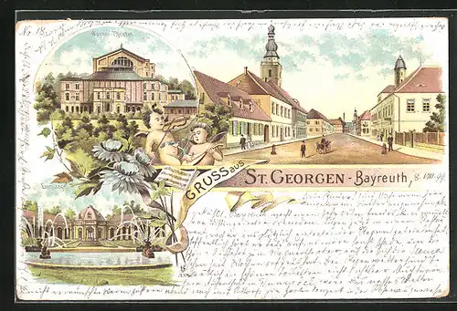 Lithographie Bayreuth-St. Georgen, Wagner-Theater, Eremitage, Strassenpartie