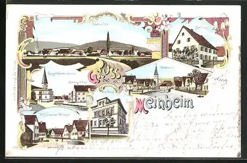 Lithographie Meinheim, Pfarrhaus, Gunzenhäuser Strasse mit Brauerei von A. Presslein