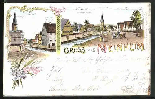 Lithographie Meinheim, Strassenpartie mit Brauerei Prestein und Schulhaus, Unteres Dorf