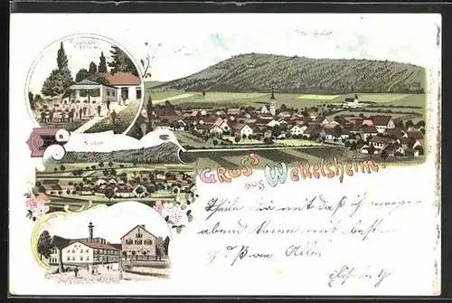 Lithographie Wettelsheim, Gasthof Felsenkeller von K. Strauss, Strauss`sche Brauerei