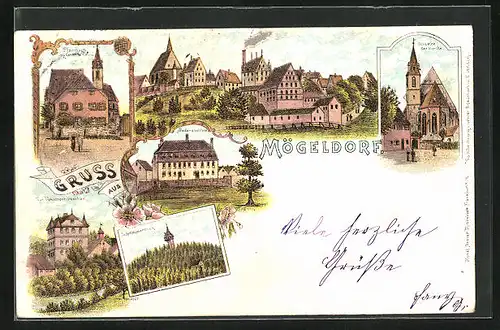 Lithographie Mögeldorf, Doktorschlösschen, Pfarrhaus, Schmausenbuck